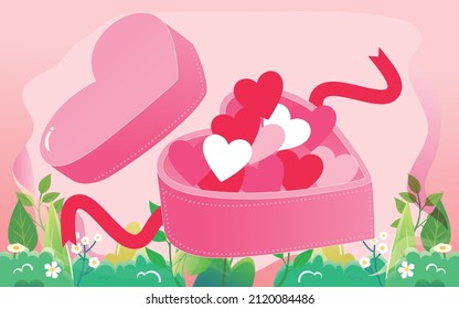 A couple standing on a gift box and giving hearts with plants in the foreground, vector illustration