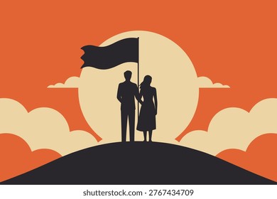 Couple standing on hill with flag and sun behind them symbolizing unity achievement and partnership in outdoor scenic view