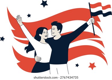 Couple standing on hill with flag and sun behind them symbolizing unity achievement and partnership in outdoor scenic view