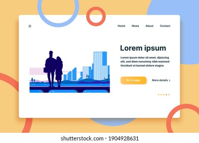 Couple standing on sea pierce at night. Silhouette of young man and woman hugging flat vector illustration. Romance, dating outdoors concept for banner, website design or landing web page