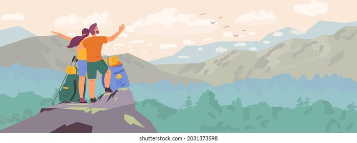 Couple standing on top of the mountain observing beautiful landscape horizontal banner. Man and woman hiking vector illustration.