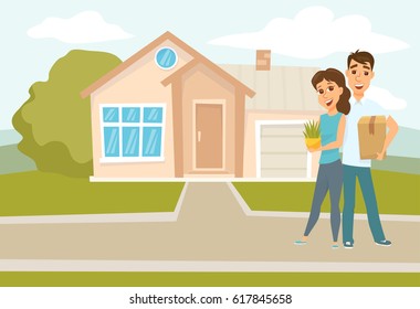 Couple standing outside new home. People moving house. Mortgage loading real estate property with loan. Buying or or rental room. Happy hugging man and woman