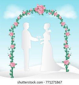 Couple standing and rose ivy flower arch decoration, paper art, paper craft style illustration