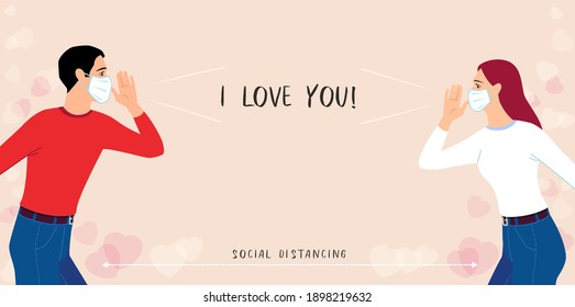 Pareja separada de la otra y gritando te amo, concepto de distanciamiento social. San Valentín de antecedentes con un tipo ama a la chica en los corazones de las cuevas cutáneas. Ilustración del vector