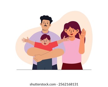 a couple standing side by side, the husband holding his son
design, vector, illustration