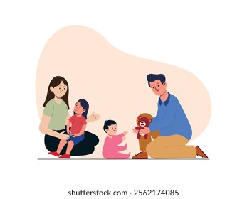 a couple is standing side by side, the mother is holding the second son, while the first son is standing in front of his father.
design, vector, illustration