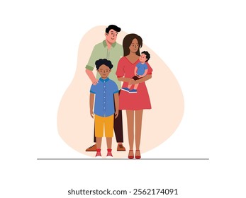 a couple is standing side by side, the mother is holding the second son, while the first son is standing in front of his father.
design, vector, illustration