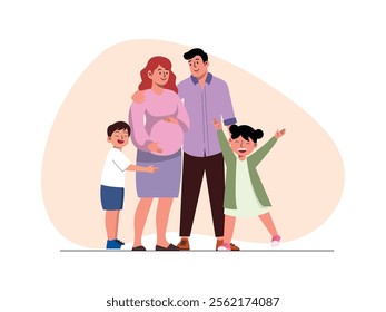 A couple is standing side by side, they have a boy and a girl, the wife is pregnant, they are happily expecting a baby.
design, vector, illustration