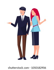 Couple standing and talking, man dressed in brown trousers pointing somewhere and woman wearing skirt and blouse vector illustration