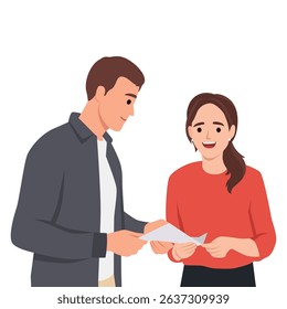 Couple is standing together, holding and looking at a piece of paper, appearing engaged and content. Flat vector illustration isolated on white background