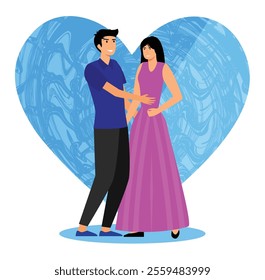 Couple standing together lovingly in front of stylish heart pattern. The design evokes feelings of love, happiness and togetherness. Flat vector modern illustration 