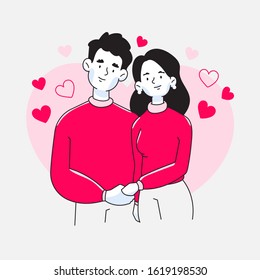 Couple standing together, man or husband and girl or wife holding hands of each other, valentine's day vector illustration