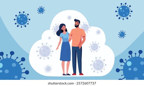 couple standing together surrounded by virus icons on a blue background. Flat vector illustration for health and pandemic awareness concepts