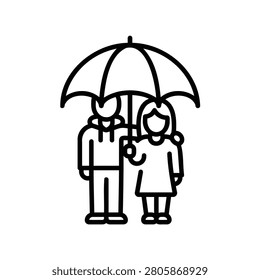 Couple standing together under a large umbrella line art icon