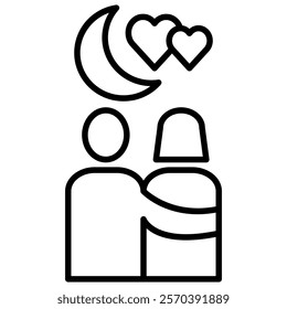 A couple standing together under the moon with hearts, symbolizing date night,  love and romance. Line art icon illustration. Perfect for Valentine's Day, romantic themes, and related designs