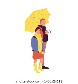 Couple is standing under big yellow umbrella. Isolated on white background. Flat style cartoon stock vector illustration.
