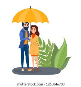 Couple standing under umbrella. People in love under the rain. Man hug young woman. Isolated flat vector illustration