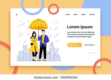 Couple standing under umbrella in street on rainy day. Man and woman in stylish red coat flat vector illustration. People in front of cityscape with skyscrapers and other buildings in rain