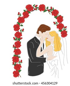 couple standing under the wedding arch on the wedding day. vector illustration