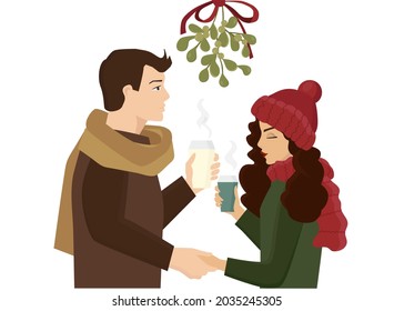 A couple stands under the mistletoe. The guy holds the girl's hand and is going to kiss her. They have a date. It's winter outside and they are drinking hot coffee.