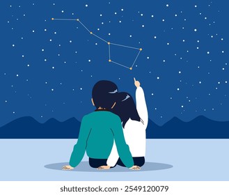 Couple stargazing big dipper vector illustration. Back view man and woman sitting on the night pointing to stars