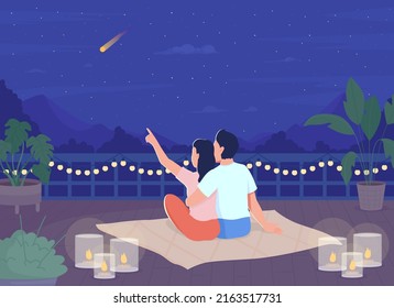 Couple stargazing on rooftop in evening flat color vector illustration. Man and woman at romantic date. Relationship. Fully editable 2D simple cartoon characters with dark sky on background