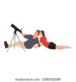 Couple Stargazing Together lies on the ground, they gaze at the night sky through a telescope. Flat vector illustration isolated on white background