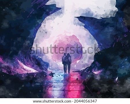 couple, starry sky, art, space, hugs. Water painting art for wallpaper, background, decor or other purposes.