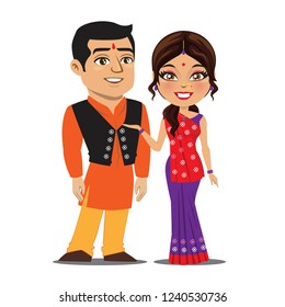 A couple from the state of Gujarat, India are wearing traditional festival outfits (Ghagra, choli, kurta, jacket) and standing together.