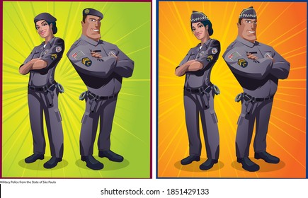 Couple of State Military Police officers posing in cartoon style with uniform of the state of Sao Paulo in Brazil. Vector illustration.