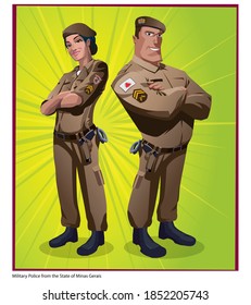 Couple of State Military Police officers posing in cartoon style with uniform of the state of Minas Gerais in Brazil. Vector illustration.