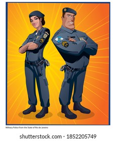 Couple of State Military Police officers posing in cartoon style with uniform of the state of Rio de Janeiro in Brazil. Vector illustration.