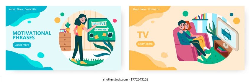 Viele bleiben zu Hause und sehen sich Neuigkeiten im Fernsehen an. Frauenstockmotivation zitiert auf dem Brett. Concept Illustration. Design-Vorlage für Vektorseiten. Landing Page Website Illustration