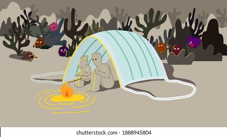 Couple stay under face mask tent having camp fire, night out social distancing and virus characters creep in from the dark surroundings