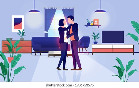 Couple staying home in living room cuddling. Interior and furniture in background, light coming in from window. Romantic, everyday life and girlfriend, boyfriend concept. Vector illustration.