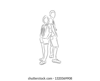 The couple stood back and collided.drawing with line-art on white backgrounds.vector illustration.