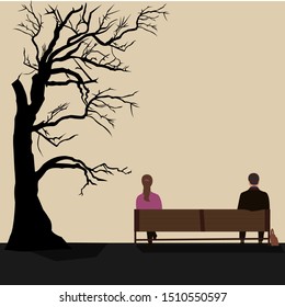 Couple strangers outdoors in the Park sitting bench back view   Flat romance illustration young people spending free time in the Park 