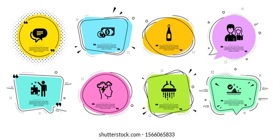 Couple, Strategy and Champagne line icons set. Chat bubbles with quotes. Dollar money, Mindfulness stress and Shower signs. Text message, Skin care symbols. Male and female, Business plan. Vector