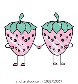 couple strawberries fruit healthy food kawaii character