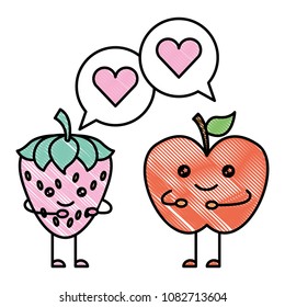 couple strawberry and apple fruit with speech bubble kawaii character