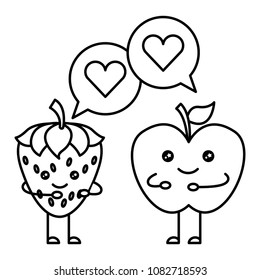 couple strawberry and apple fruit with speech bubble kawaii character