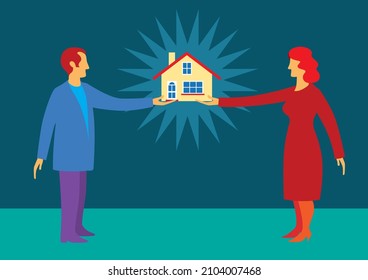 A couple stretch out their arms to hold a small house between them.