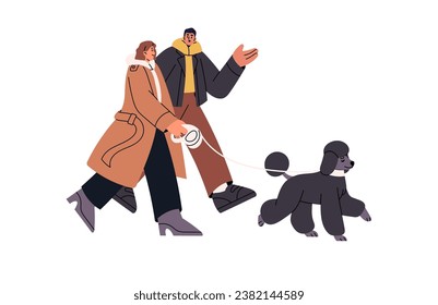 Couple stroll poodle on leash together. Dog owners walk cute fluffy puppy outdoor. People go with doggy, talk. Leisure with domestic animal. Flat isolated vector illustration on white background