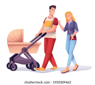 Couple with stroller walking scene. Young happy smiling man and woman with bag going with baby vector illustration. Active recreation scene, family isolated on white background.