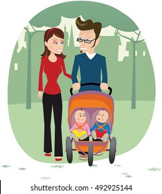 Couple strolling with babies.