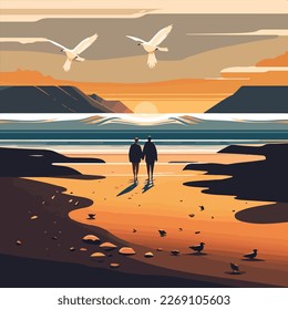 A couple strolling hand-in-hand along a sandy beach at sunset, with gentle waves lapping at their feet and seagulls soaring overhead. 