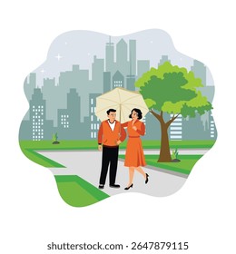A couple strolls with umbrellas in a quiet city park. Surrounded by urban buildings and greenery.
