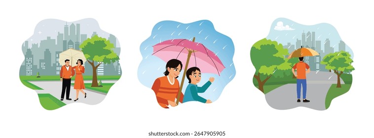A couple strolls with umbrellas in a quiet city park. Mother and child enjoying the rain. A man walking in the rain.