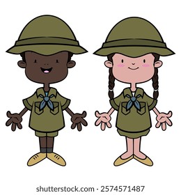 A Couple Student cartoon characters wearing boy scout uniform and get ready for little adventures. Best for sticker, logo, and mascot with outdoor activity themes for kids