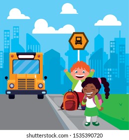 couple of students at the bus stop with background city vector illustration design